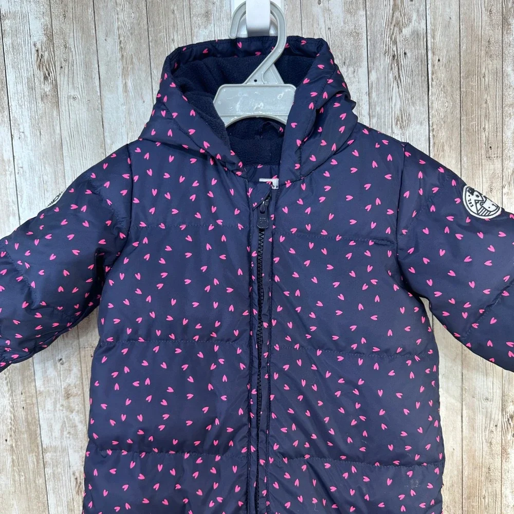 Baby Gap Puffer One Piece Snowsuit‎ Pram Suit Navy Pink Hearts Size 6- 12 Months